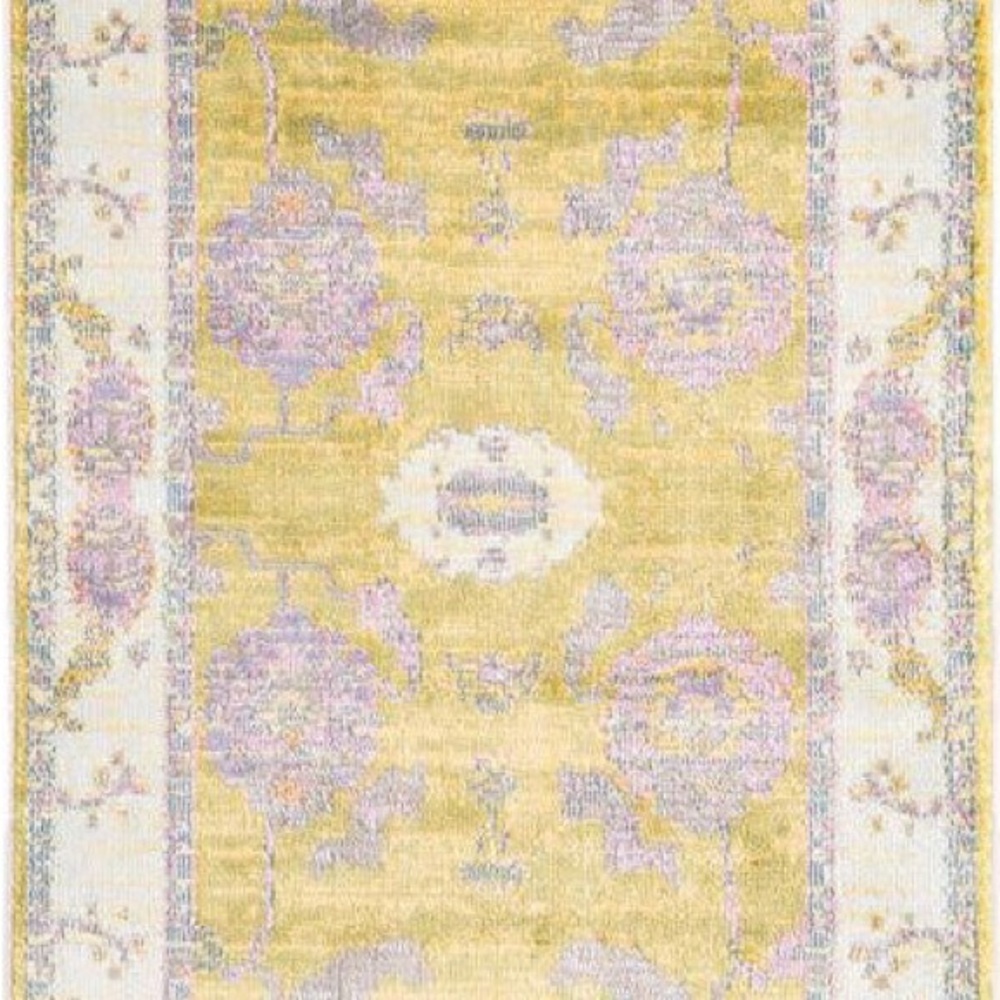 Floral Patterned Rug Runner in Yellow and Pink. 2’7” x 12’ Runner Made in Turkey